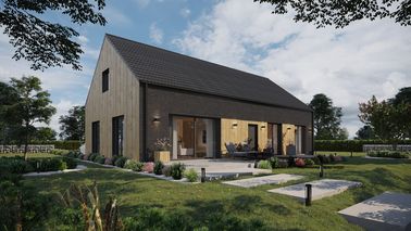 Projekt ERDOL 124 - Wersja prawa (salon po prawej stronie) - Dachówka Braas Celtycka Lumino - Trzy pokoje + klatka schodowa - Bez okien dachowych - Bez rolet i żaluzji podtynkowych - Brak okien balkonowych - Bez instalacji fotowoltaicznej