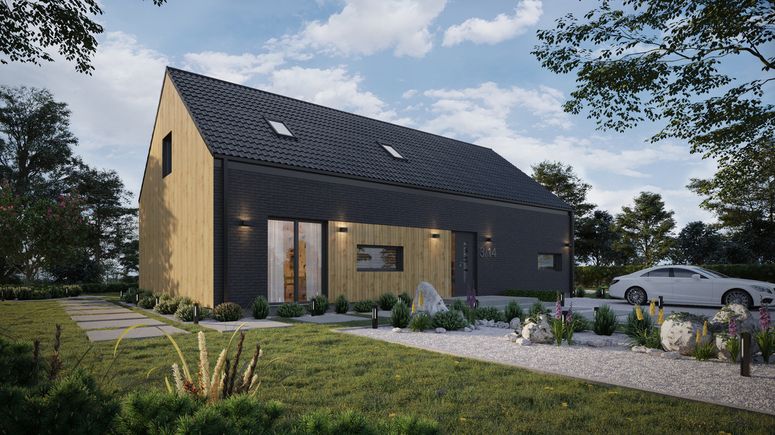 Projekt ERDOL 124 - Wersja prawa (salon po prawej stronie) - Dachówka Braas Celtycka Lumino - Trzy pokoje + klatka schodowa - Bez okien dachowych - Bez rolet i żaluzji podtynkowych - Brak okien balkonowych - Bez instalacji fotowoltaicznej