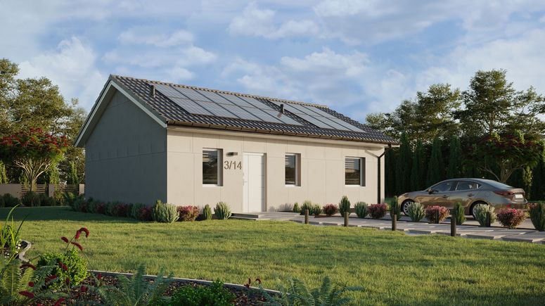 Projekt ERDOL 1 XL - Wersja prawa (salon po prawej stronie) - Dwuspadowy bez poddasza użytkowego – kąt nachylenia 25 stopni - Bez okien/świetlików dachowych - Okna standardowe - Bez styropianu, siatki i kleju - Biały - Instalacja fotowoltaiczna 6,4 kWp (16 paneli)