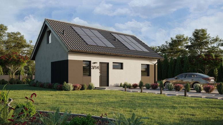 Projekt ERDOL 1 XL - Wersja prawa (salon po prawej stronie) - Dwuspadowy z poddaszem użytkowym – kąt nachylenia 35 stopni - Klatka schodowa - Bez okien/świetlików dachowych - Okna standardowe - Styropian, siatka i klej - Antracyt - Instalacja fotowoltaiczna 4,8 kWp (12 paneli)