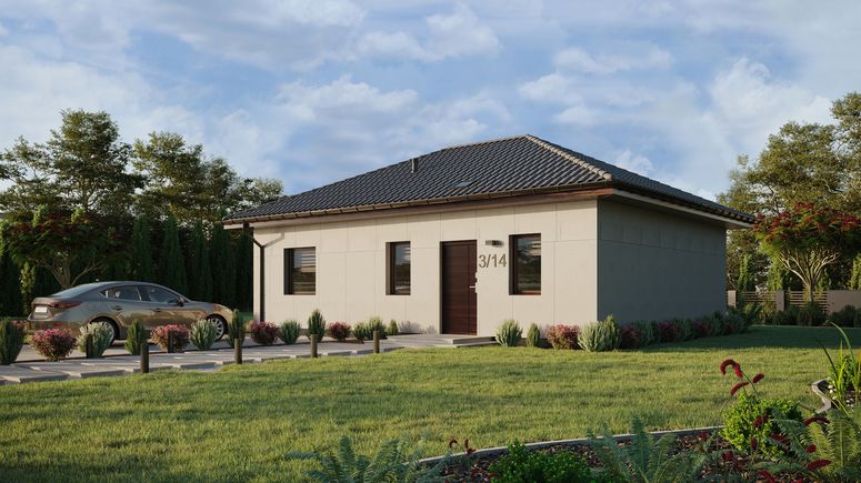 Projekt ERDOL 1 XL - Wersja lewa (salon po lewej stronie) - Czterospadowy bez poddasza użytkowego – kąt nachylenia 25 stopni - Świetlik dachowy - Okna standardowe - Bez styropianu, siatki i kleju - Orzech