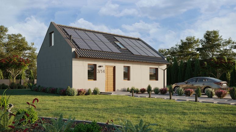 Projekt ERDOL 1 XL - Wersja prawa (salon po prawej stronie) - Dwuspadowy nowoczesny z poddaszem użytkowym – kąt nachylenia 35 stopni - Schody w salonie - Okno dachowe pokojowe i łazienkowe - Okna standardowe - Bez styropianu, siatki i kleju - Złoty dąb - Instalacja fotowoltaiczna 6,4 kWp (16 paneli)