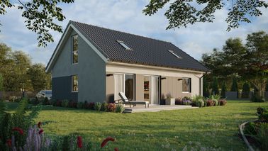 Projekt ERDOL 1 XL - Wersja prawa (salon po prawej stronie) - Dwuspadowy z poddaszem użytkowym – kąt nachylenia 35 stopni - Klatka schodowa - Dwa okna dachowe pokojowe - Okna na poddaszu do podłogi - Styropian, siatka i klej - Biały - Bez instalacji fotowoltaicznej