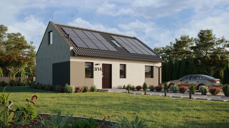 Projekt ERDOL 1 XL - Wersja prawa (salon po prawej stronie) - Dwuspadowy nowoczesny z poddaszem użytkowym – kąt nachylenia 35 stopni - Schody w salonie - Okno dachowe pokojowe i łazienkowe - Okna standardowe - Styropian, siatka i klej - Orzech - Instalacja fotowoltaiczna 6,4 kWp (16 paneli)