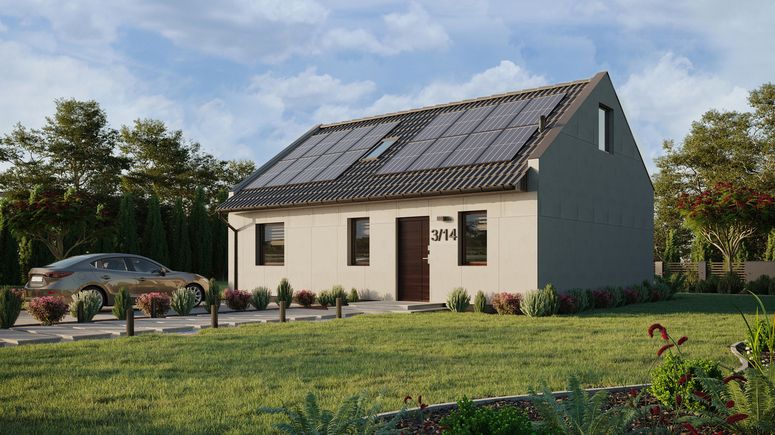 Projekt ERDOL 1 XL - Wersja lewa (salon po lewej stronie) - Dwuspadowy nowoczesny z poddaszem użytkowym – kąt nachylenia 35 stopni - Schody w salonie - Okno dachowe pokojowe i łazienkowe - Okno balkonowe w jadalni - Bez styropianu, siatki i kleju - Orzech - Instalacja fotowoltaiczna 6,4 kWp (16 paneli)