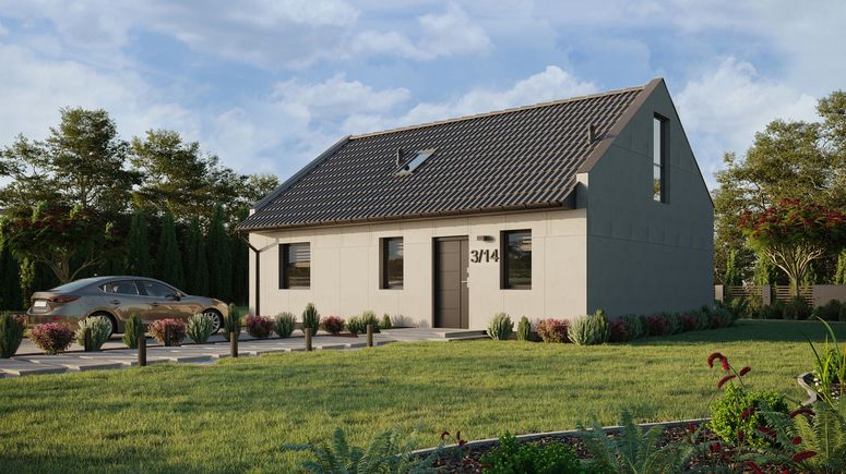 Projekt ERDOL 1 XL - Wersja lewa (salon po lewej stronie) - Dwuspadowy nowoczesny z poddaszem użytkowym – kąt nachylenia 35 stopni - Schody w salonie - Okno dachowe pokojowe i łazienkowe - Okna na poddaszu do podłogi - Bez styropianu, siatki i kleju - Antracyt - Bez instalacji fotowoltaicznej