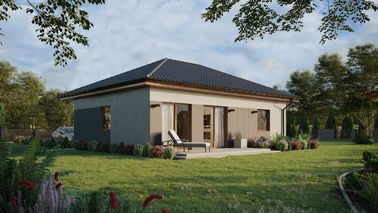 Projekt ERDOL 1 XL - Wersja prawa (salon po prawej stronie) - Czterospadowy bez poddasza użytkowego – kąt nachylenia 25 stopni - Bez okien/świetlików dachowych - Okna standardowe - Styropian, siatka i klej - Złoty dąb