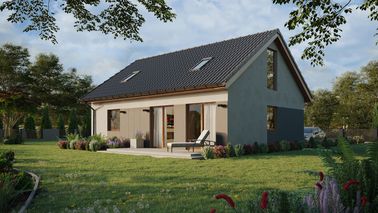 Projekt ERDOL 1 XL - Wersja lewa (salon po lewej stronie) - Dwuspadowy z poddaszem użytkowym – kąt nachylenia 35 stopni - Schody w salonie - Dwa okna dachowe pokojowe - Okna na poddaszu do podłogi - Styropian, siatka i klej - Złoty dąb - Bez instalacji fotowoltaicznej