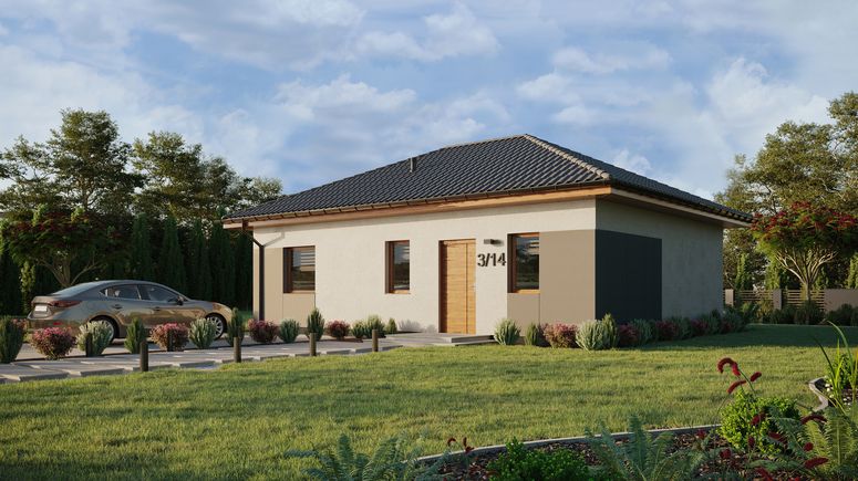 Projekt ERDOL 1 XL - Wersja lewa (salon po lewej stronie) - Czterospadowy bez poddasza użytkowego – kąt nachylenia 25 stopni - Bez okien/świetlików dachowych - Okna standardowe - Styropian, siatka i klej - Złoty dąb