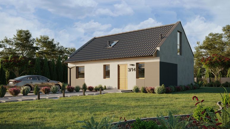 Projekt ERDOL 1 XL - Wersja lewa (salon po lewej stronie) - Dwuspadowy nowoczesny z poddaszem użytkowym – kąt nachylenia 35 stopni - Schody w salonie - Okno dachowe pokojowe i łazienkowe - Okno balkonowe w jadalni i okna na poddaszu do podłogi - Styropian, siatka i klej - Winchester - Bez instalacji fotowoltaicznej