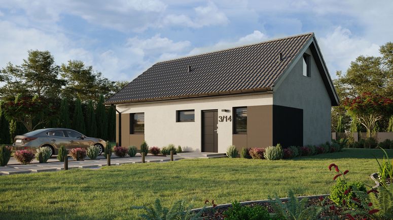 Projekt ERDOL 1 XL - Wersja lewa (salon po lewej stronie) - Dwuspadowy z poddaszem użytkowym – kąt nachylenia 35 stopni - Klatka schodowa - Bez okien/świetlików dachowych - Okna standardowe - Styropian, siatka i klej - Antracyt - Bez instalacji fotowoltaicznej