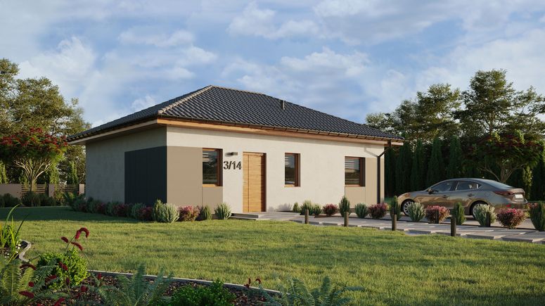 Projekt ERDOL 1 XL - Wersja prawa (salon po prawej stronie) - Czterospadowy bez poddasza użytkowego – kąt nachylenia 25 stopni - Bez okien/świetlików dachowych - Okna standardowe - Styropian, siatka i klej - Złoty dąb