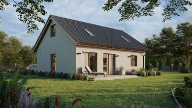 Projekt ERDOL 1 XL - Wersja prawa (salon po prawej stronie) - Dwuspadowy z poddaszem użytkowym – kąt nachylenia 35 stopni - Klatka schodowa - Dwa okna dachowe pokojowe - Okno balkonowe w jadalni - Bez styropianu, siatki i kleju - Złoty dąb - Bez instalacji fotowoltaicznej