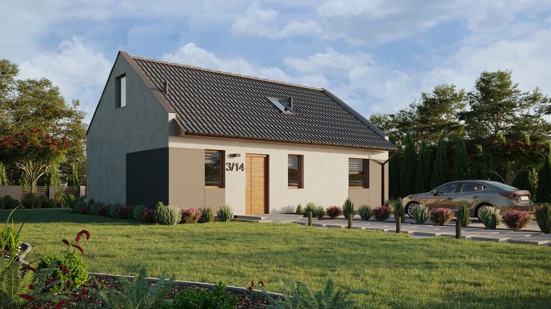 Projekt ERDOL 1 XL - Wersja prawa (salon po prawej stronie) - Dwuspadowy nowoczesny z poddaszem użytkowym – kąt nachylenia 35 stopni - Schody w salonie - Okno dachowe pokojowe i łazienkowe - Okna standardowe - Styropian, siatka i klej - Złoty dąb - Bez instalacji fotowoltaicznej