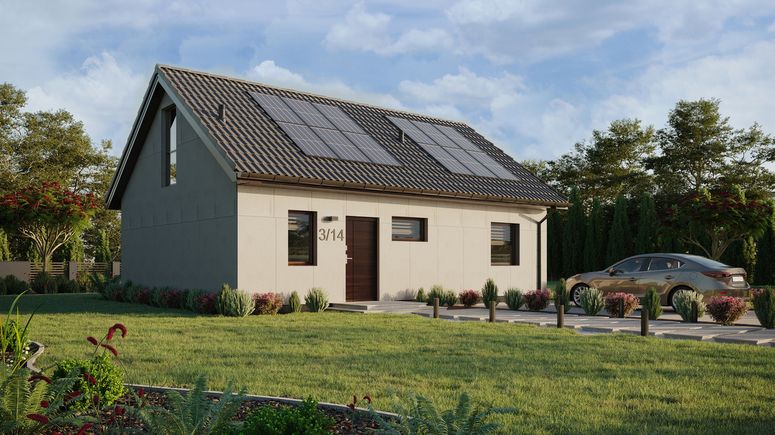 Projekt ERDOL 1 XL - Wersja prawa (salon po prawej stronie) - Dwuspadowy z poddaszem użytkowym – kąt nachylenia 35 stopni - Klatka schodowa - Bez okien/świetlików dachowych - Okno balkonowe w jadalni i okna na poddaszu do podłogi - Bez styropianu, siatki i kleju - Orzech - Instalacja fotowoltaiczna 4,8 kWp (12 paneli)