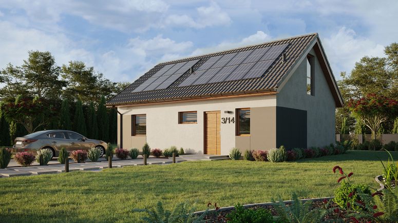 Projekt ERDOL 1 XL - Wersja lewa (salon po lewej stronie) - Dwuspadowy z poddaszem użytkowym – kąt nachylenia 35 stopni - Klatka schodowa - Okno dachowe pokojowe i łazienkowe - Okno balkonowe w jadalni i okna na poddaszu do podłogi - Styropian, siatka i klej - Złoty dąb - Instalacja fotowoltaiczna 6,4 kWp (16 paneli)