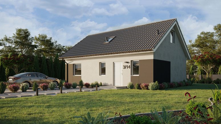 Projekt ERDOL 1 XL - Wersja lewa (salon po lewej stronie) - Dwuspadowy z poddaszem użytkowym – kąt nachylenia 35 stopni - Schody w salonie - Okno dachowe pokojowe i łazienkowe - Okna standardowe - Styropian, siatka i klej - Biały - Bez instalacji fotowoltaicznej