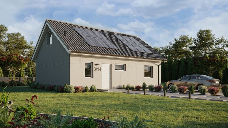 Projekt ERDOL 1 XL - Wersja prawa (salon po prawej stronie) - Dwuspadowy z poddaszem użytkowym – kąt nachylenia 35 stopni - Klatka schodowa - Bez okien/świetlików dachowych - Okna standardowe - Bez styropianu, siatki i kleju - Biały - Instalacja fotowoltaiczna 4,8 kWp (12 paneli)