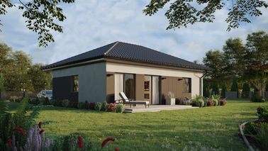 Projekt ERDOL 1 XL - Wersja prawa (salon po prawej stronie) - Czterospadowy bez poddasza użytkowego – kąt nachylenia 25 stopni - Bez okien/świetlików dachowych - Okna standardowe - Styropian, siatka i klej - Antracyt