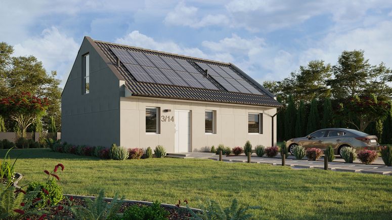 Projekt ERDOL 1 XL - Wersja prawa (salon po prawej stronie) - Dwuspadowy nowoczesny z poddaszem użytkowym – kąt nachylenia 35 stopni - Schody w salonie - Dwa okna dachowe pokojowe - Okna na poddaszu do podłogi - Bez styropianu, siatki i kleju - Biały - Instalacja fotowoltaiczna 6,4 kWp (16 paneli)