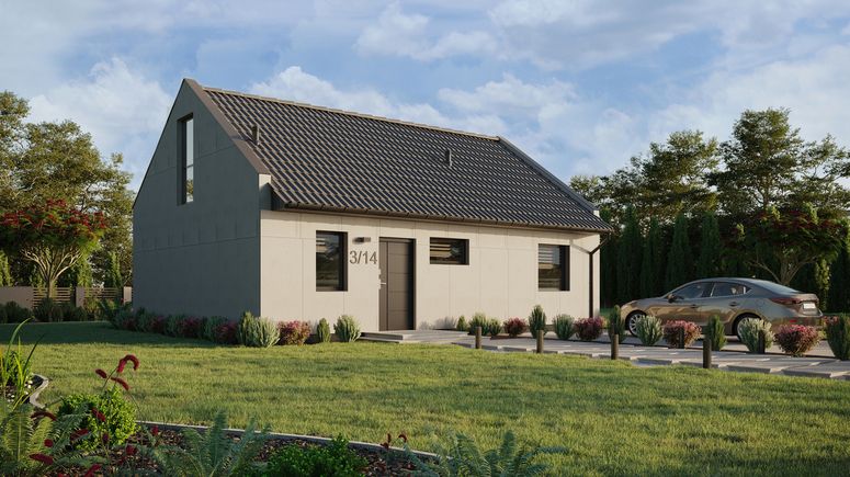 Projekt ERDOL 1 XL - Wersja prawa (salon po prawej stronie) - Dwuspadowy nowoczesny z poddaszem użytkowym – kąt nachylenia 35 stopni - Klatka schodowa - Okno dachowe pokojowe i łazienkowe - Okno balkonowe w jadalni i okna na poddaszu do podłogi - Bez styropianu, siatki i kleju - Antracyt - Bez instalacji fotowoltaicznej