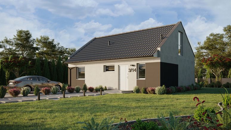 Projekt ERDOL 1 XL - Wersja lewa (salon po lewej stronie) - Dwuspadowy nowoczesny z poddaszem użytkowym – kąt nachylenia 35 stopni - Klatka schodowa - Bez okien/świetlików dachowych - Okno balkonowe w jadalni i okna na poddaszu do podłogi - Styropian, siatka i klej - Biały - Bez instalacji fotowoltaicznej