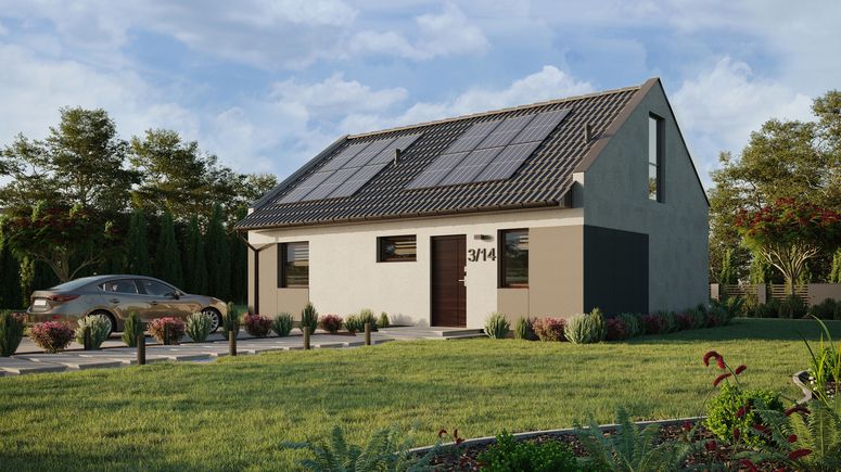 Projekt ERDOL 1 XL - Wersja lewa (salon po lewej stronie) - Dwuspadowy nowoczesny z poddaszem użytkowym – kąt nachylenia 35 stopni - Klatka schodowa - Okno dachowe pokojowe i łazienkowe - Okno balkonowe w jadalni i okna na poddaszu do podłogi - Styropian, siatka i klej - Orzech - Instalacja fotowoltaiczna 4,8 kWp (12 paneli)