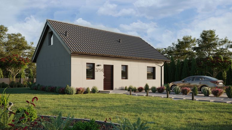 Projekt ERDOL 1 XL - Wersja prawa (salon po prawej stronie) - Dwuspadowy z poddaszem użytkowym – kąt nachylenia 35 stopni - Schody w salonie - Bez okien/świetlików dachowych - Okna standardowe - Bez styropianu, siatki i kleju - Orzech - Bez instalacji fotowoltaicznej