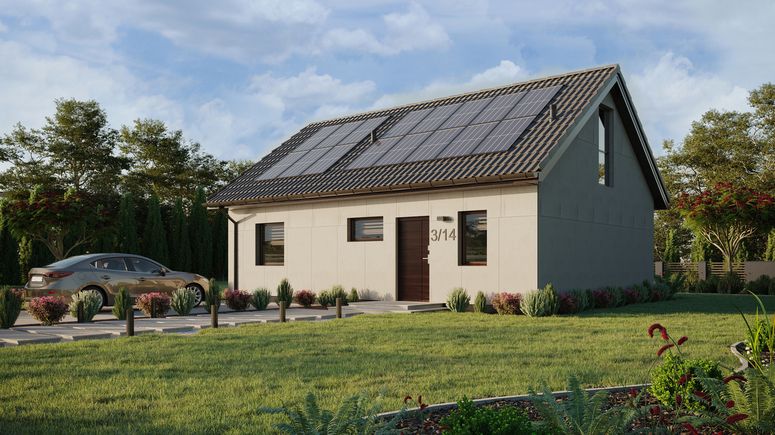 Projekt ERDOL 1 XL - Wersja lewa (salon po lewej stronie) - Dwuspadowy z poddaszem użytkowym – kąt nachylenia 35 stopni - Klatka schodowa - Okno dachowe pokojowe i łazienkowe - Okno balkonowe w jadalni i okna na poddaszu do podłogi - Bez styropianu, siatki i kleju - Orzech - Instalacja fotowoltaiczna 6,4 kWp (16 paneli)