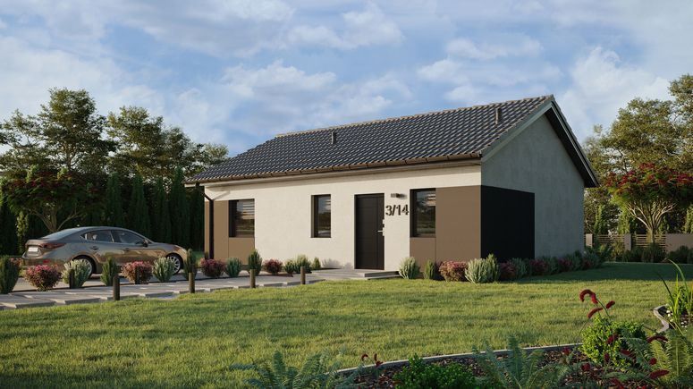 Projekt ERDOL 1 XL - Wersja lewa (salon po lewej stronie) - Dwuspadowy bez poddasza użytkowego – kąt nachylenia 25 stopni - Bez okien/świetlików dachowych - Okna standardowe - Styropian, siatka i klej - Antracyt - Bez instalacji fotowoltaicznej