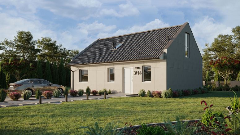 Projekt ERDOL 1 XL - Wersja lewa (salon po lewej stronie) - Dwuspadowy nowoczesny z poddaszem użytkowym – kąt nachylenia 35 stopni - Schody w salonie - Okno dachowe pokojowe i łazienkowe - Okna na poddaszu do podłogi - Bez styropianu, siatki i kleju - Biały - Bez instalacji fotowoltaicznej