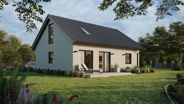 Projekt ERDOL 1 XL - Wersja prawa (salon po prawej stronie) - Dwuspadowy z poddaszem użytkowym – kąt nachylenia 35 stopni - Klatka schodowa - Okno dachowe pokojowe i łazienkowe - Okna na poddaszu do podłogi - Bez styropianu, siatki i kleju - Orzech - Instalacja fotowoltaiczna 4,8 kWp (12 paneli)