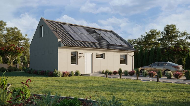 Projekt ERDOL 1 XL - Wersja prawa (salon po prawej stronie) - Dwuspadowy nowoczesny z poddaszem użytkowym – kąt nachylenia 35 stopni - Klatka schodowa - Bez okien/świetlików dachowych - Okna standardowe - Bez styropianu, siatki i kleju - Biały - Instalacja fotowoltaiczna 4,8 kWp (12 paneli)