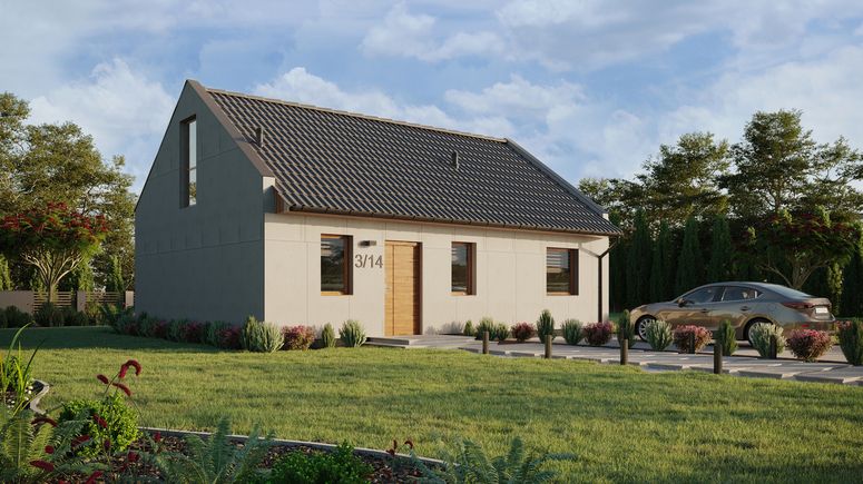 Projekt ERDOL 1 XL - Wersja prawa (salon po prawej stronie) - Dwuspadowy nowoczesny z poddaszem użytkowym – kąt nachylenia 35 stopni - Schody w salonie - Dwa okna dachowe pokojowe - Okna na poddaszu do podłogi - Bez styropianu, siatki i kleju - Złoty dąb - Bez instalacji fotowoltaicznej