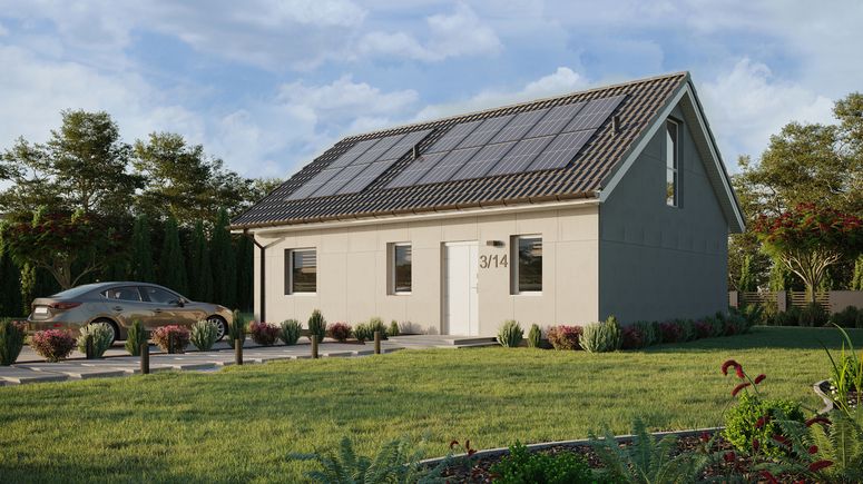 Projekt ERDOL 1 XL - Wersja lewa (salon po lewej stronie) - Dwuspadowy z poddaszem użytkowym – kąt nachylenia 35 stopni - Schody w salonie - Bez okien/świetlików dachowych - Okna na poddaszu do podłogi - Bez styropianu, siatki i kleju - Biały - Instalacja fotowoltaiczna 6,4 kWp (16 paneli)