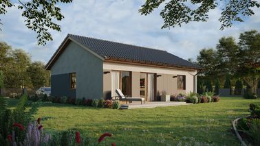 Projekt ERDOL 1 XL - Wersja prawa (salon po prawej stronie) - Dwuspadowy bez poddasza użytkowego – kąt nachylenia 25 stopni - Bez okien/świetlików dachowych - Okna standardowe - Styropian, siatka i klej - Złoty dąb - Bez instalacji fotowoltaicznej