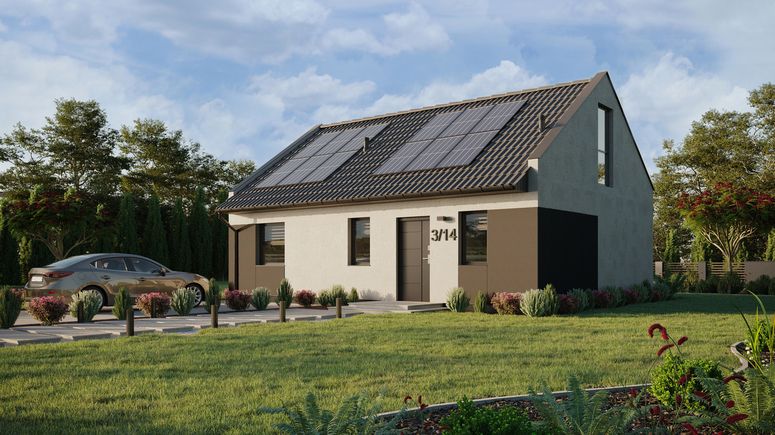 Projekt ERDOL 1 XL - Wersja lewa (salon po lewej stronie) - Dwuspadowy nowoczesny z poddaszem użytkowym – kąt nachylenia 35 stopni - Schody w salonie - Bez okien/świetlików dachowych - Okno balkonowe w jadalni i okna na poddaszu do podłogi - Styropian, siatka i klej - Antracyt - Instalacja fotowoltaiczna 4,8 kWp (12 paneli)