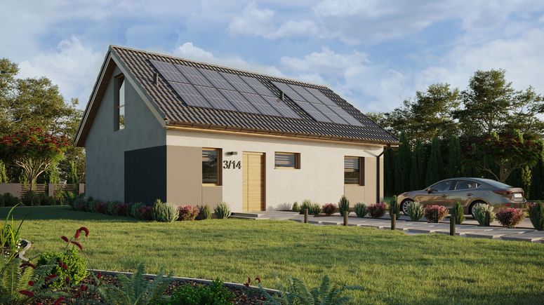 Projekt ERDOL 1 XL - Wersja prawa (salon po prawej stronie) - Dwuspadowy z poddaszem użytkowym – kąt nachylenia 35 stopni - Klatka schodowa - Bez okien/świetlików dachowych - Okno balkonowe w jadalni i okna na poddaszu do podłogi - Styropian, siatka i klej - Winchester - Instalacja fotowoltaiczna 6,4 kWp (16 paneli)