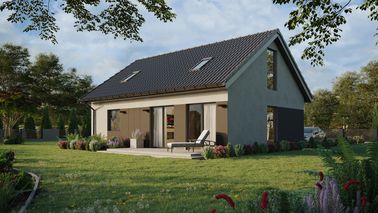 Projekt ERDOL 1 XL - Wersja lewa (salon po lewej stronie) - Dwuspadowy z poddaszem użytkowym – kąt nachylenia 35 stopni - Schody w salonie - Dwa okna dachowe pokojowe - Okno balkonowe w jadalni i okna na poddaszu do podłogi - Styropian, siatka i klej - Antracyt - Bez instalacji fotowoltaicznej