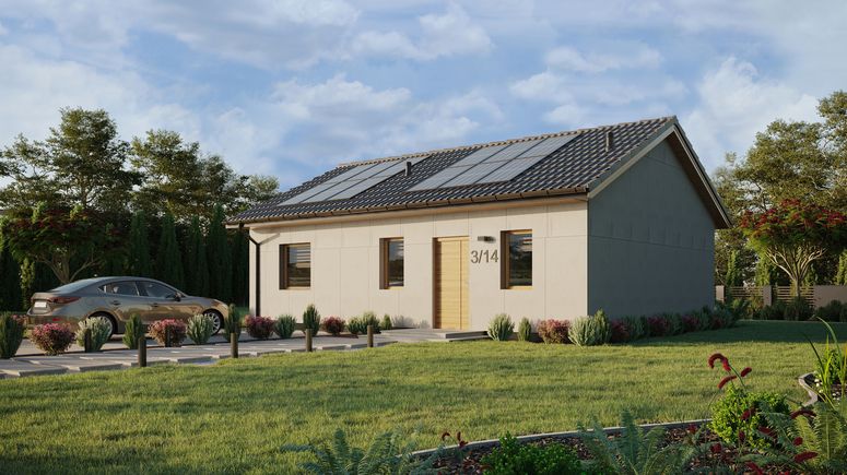 Projekt ERDOL 1 XL - Wersja lewa (salon po lewej stronie) - Dwuspadowy bez poddasza użytkowego – kąt nachylenia 25 stopni - Bez okien/świetlików dachowych - Okna standardowe - Bez styropianu, siatki i kleju - Winchester - Instalacja fotowoltaiczna 4,8 kWp (12 paneli)