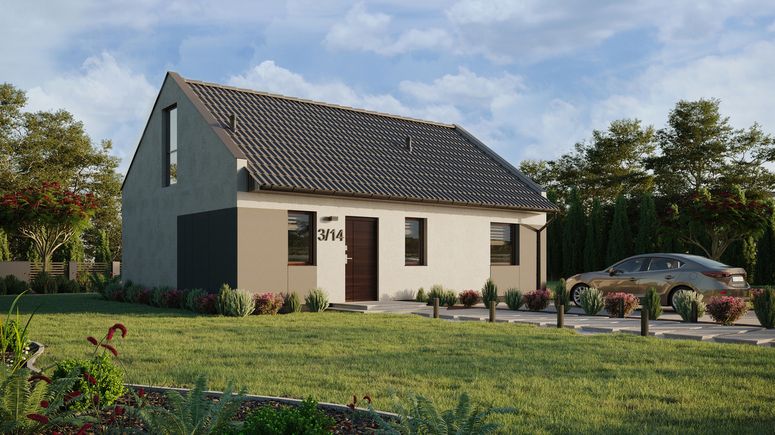 Projekt ERDOL 1 XL - Wersja prawa (salon po prawej stronie) - Dwuspadowy nowoczesny z poddaszem użytkowym – kąt nachylenia 35 stopni - Schody w salonie - Bez okien/świetlików dachowych - Okno balkonowe w jadalni i okna na poddaszu do podłogi - Styropian, siatka i klej - Orzech - Bez instalacji fotowoltaicznej