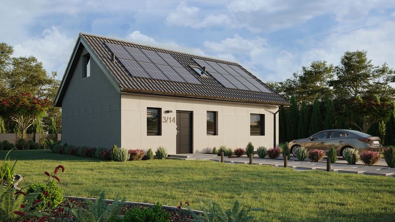 Projekt ERDOL 1 XL - Wersja prawa (salon po prawej stronie) - Dwuspadowy z poddaszem użytkowym – kąt nachylenia 35 stopni - Schody w salonie - Okno dachowe pokojowe i łazienkowe - Okna standardowe - Bez styropianu, siatki i kleju - Antracyt - Instalacja fotowoltaiczna 6,4 kWp (16 paneli)