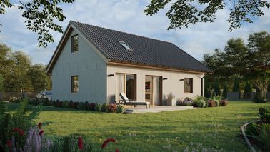 Projekt ERDOL 1 XL - Wersja prawa (salon po prawej stronie) - Dwuspadowy z poddaszem użytkowym – kąt nachylenia 35 stopni - Klatka schodowa - Okno dachowe pokojowe i łazienkowe - Okna standardowe - Bez styropianu, siatki i kleju - Winchester - Bez instalacji fotowoltaicznej