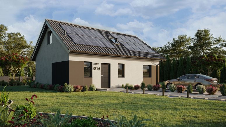 Projekt ERDOL 1 XL - Wersja prawa (salon po prawej stronie) - Dwuspadowy z poddaszem użytkowym – kąt nachylenia 35 stopni - Schody w salonie - Okno dachowe pokojowe i łazienkowe - Okna standardowe - Styropian, siatka i klej - Antracyt - Instalacja fotowoltaiczna 6,4 kWp (16 paneli)