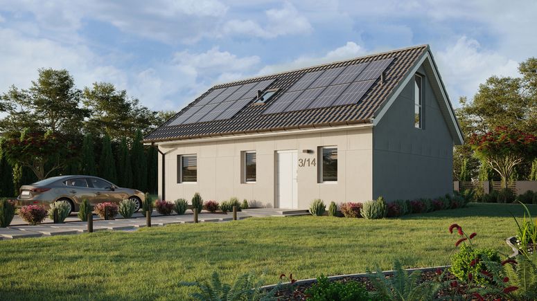 Projekt ERDOL 1 XL - Wersja lewa (salon po lewej stronie) - Dwuspadowy z poddaszem użytkowym – kąt nachylenia 35 stopni - Schody w salonie - Okno dachowe pokojowe i łazienkowe - Okna na poddaszu do podłogi - Bez styropianu, siatki i kleju - Biały - Instalacja fotowoltaiczna 6,4 kWp (16 paneli)