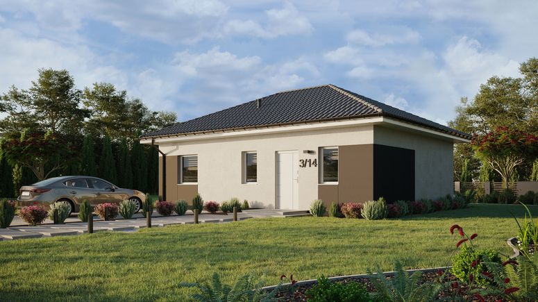 Projekt ERDOL 1 XL - Wersja lewa (salon po lewej stronie) - Czterospadowy bez poddasza użytkowego – kąt nachylenia 25 stopni - Bez okien/świetlików dachowych - Okna standardowe - Styropian, siatka i klej - Biały