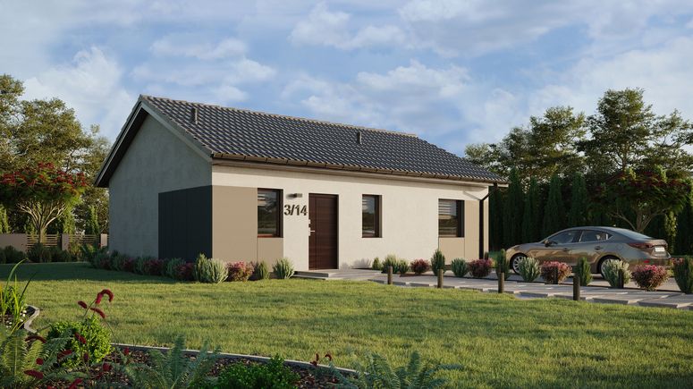 Projekt ERDOL 1 XL - Wersja prawa (salon po prawej stronie) - Dwuspadowy bez poddasza użytkowego – kąt nachylenia 25 stopni - Bez okien/świetlików dachowych - Okna standardowe - Styropian, siatka i klej - Orzech - Bez instalacji fotowoltaicznej