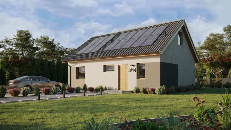 Projekt ERDOL 1 XL - Wersja lewa (salon po lewej stronie) - Dwuspadowy z poddaszem użytkowym – kąt nachylenia 35 stopni - Klatka schodowa - Bez okien/świetlików dachowych - Okna standardowe - Styropian, siatka i klej - Winchester - Instalacja fotowoltaiczna 6,4 kWp (16 paneli)