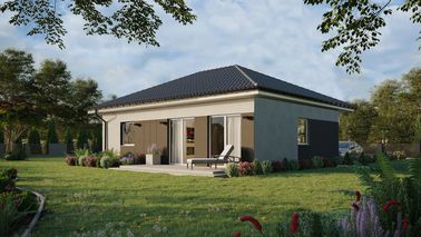 Projekt ERDOL 1 XL - Wersja lewa (salon po lewej stronie) - Czterospadowy bez poddasza użytkowego – kąt nachylenia 25 stopni - Bez okien/świetlików dachowych - Okna standardowe - Styropian, siatka i klej - Biały