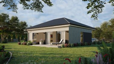 Projekt ERDOL 1 XL - Wersja lewa (salon po lewej stronie) - Czterospadowy bez poddasza użytkowego – kąt nachylenia 25 stopni - Bez okien/świetlików dachowych - Okno balkonowe w jadalni - Styropian, siatka i klej - Biały